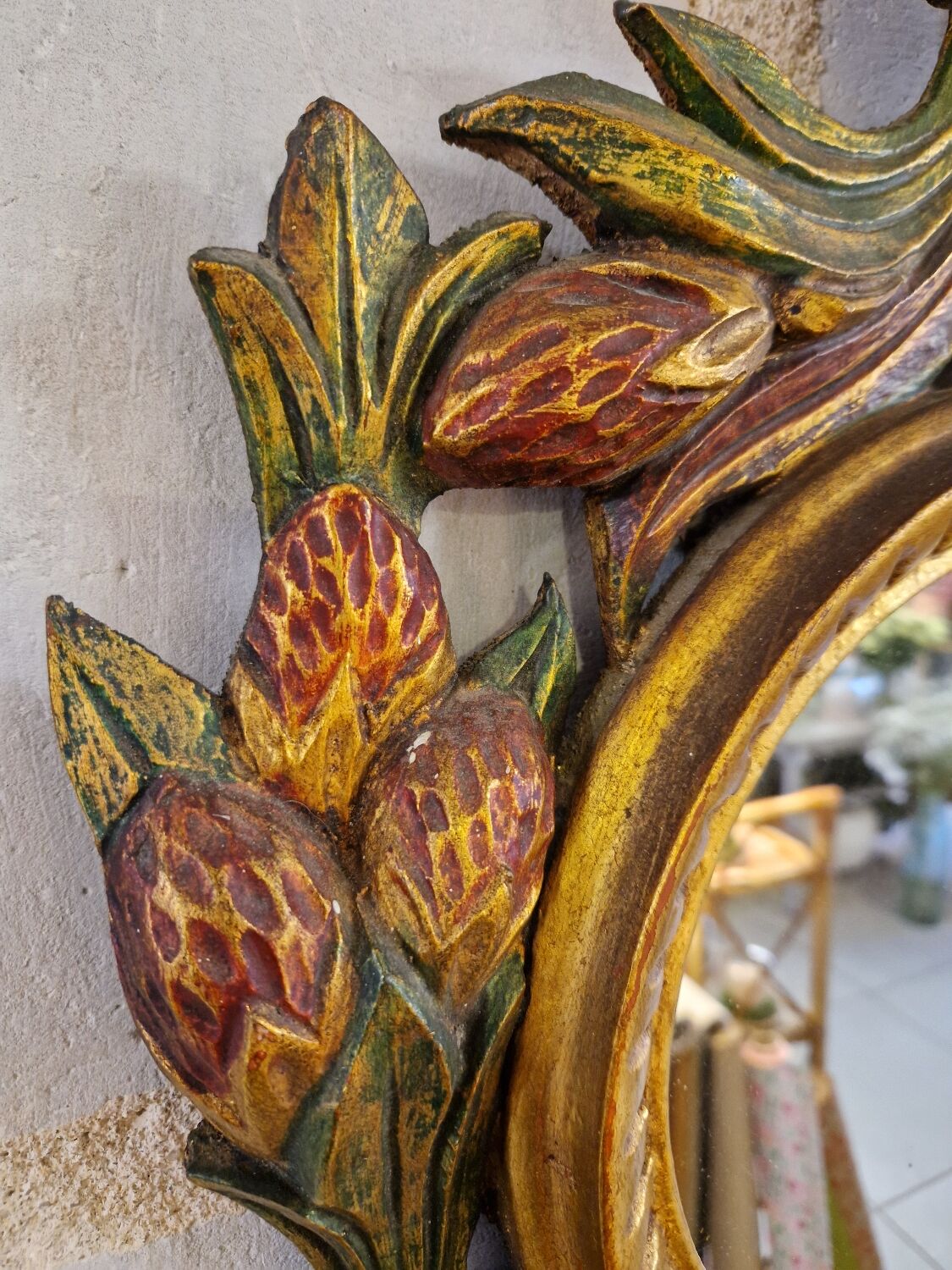 Antique Italian Polychrome Carved Wooden Mirror
