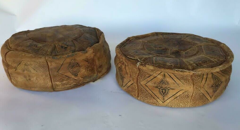 Pair of moroccan leather beanbags beautiful patina patina 1900