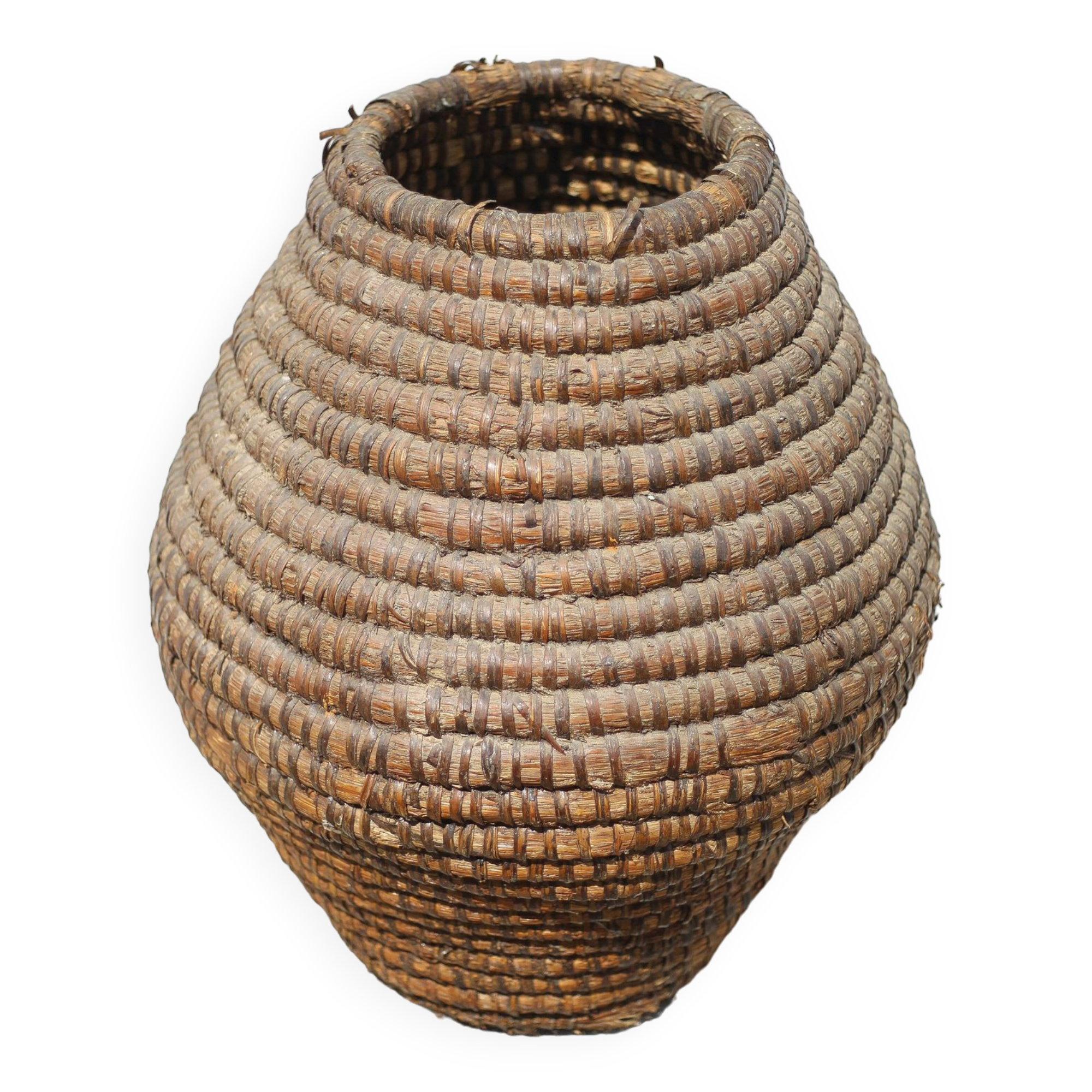 Old basket, burgundy straw and bramble, woven basket, interior decoration