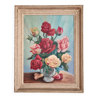 Peinture huile bouquet avec cadre bois