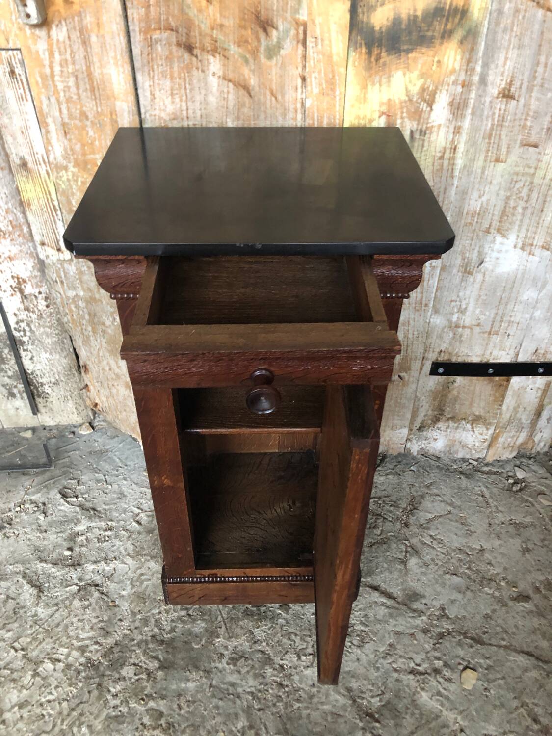 Bedside night table 19th century wood row of beads + black marble top #a637