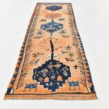 Tapis couloir vintage orange et bleu marine à motifs berbères, 105x339 Cm