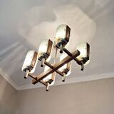 Brutalist teak and art glass chandelier, Italy 1960s