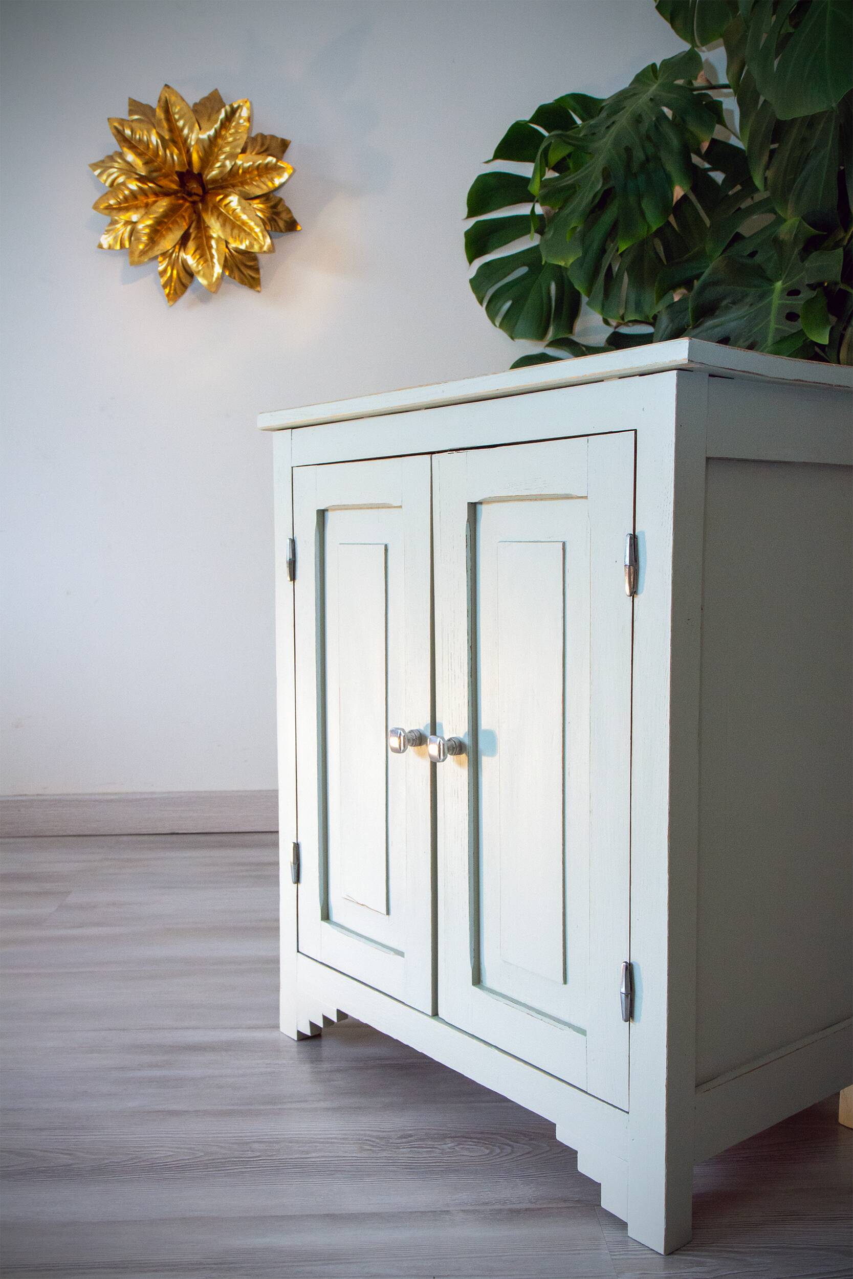 Grey clay Parisian buffet, patinated wood, 1950