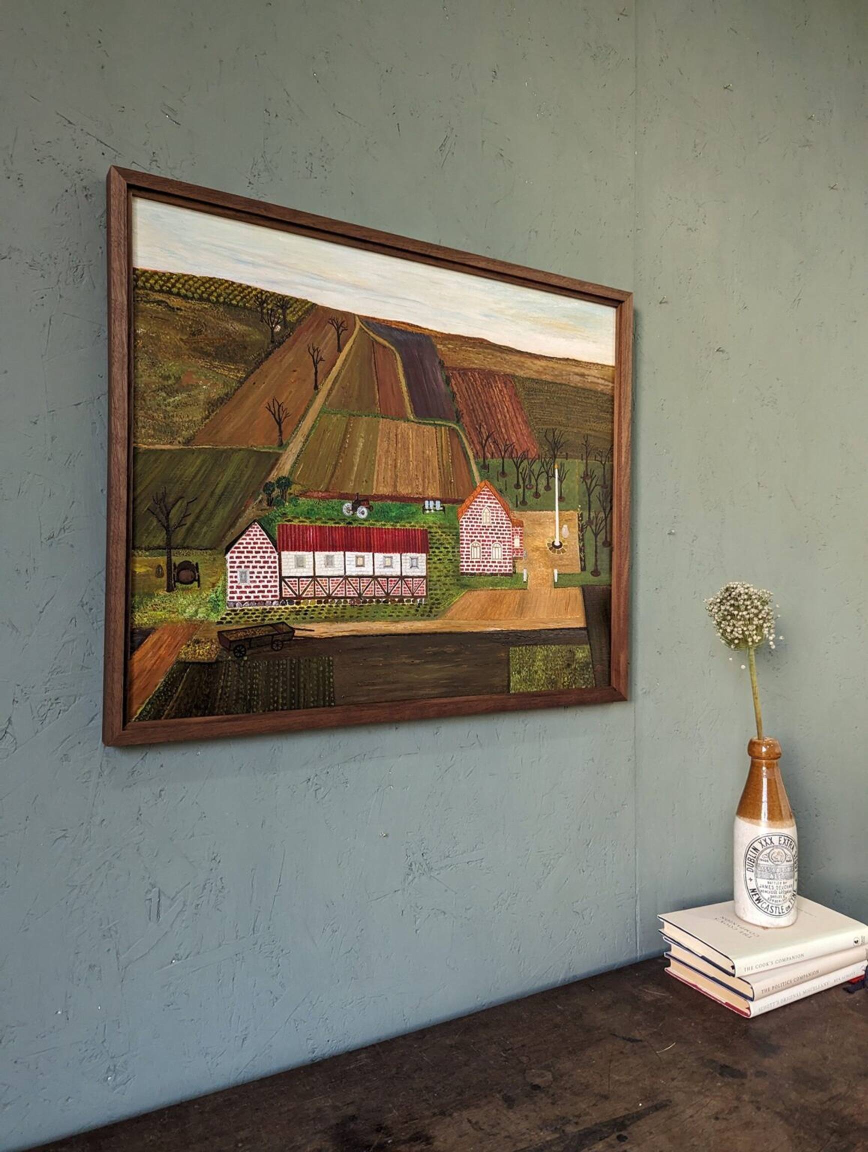 Mid-Century Modern "The Working Farm" Vintage Naïve Style Landscape Oil Painting, Framed