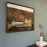 Mid-Century Modern "The Working Farm" Vintage Naïve Style Landscape Oil Painting, Framed