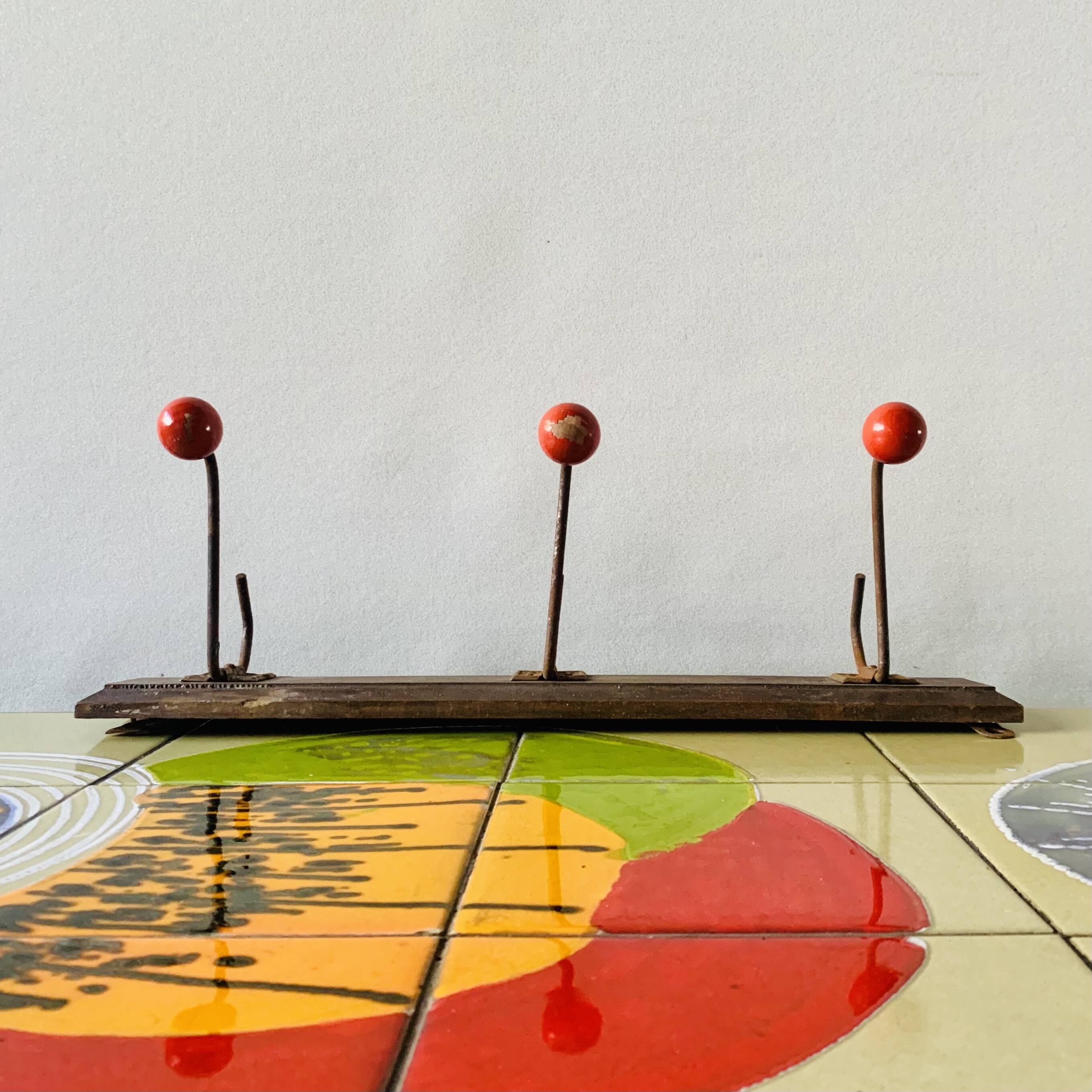 Vintage wooden wall coat rack - triple coat hook with red balls