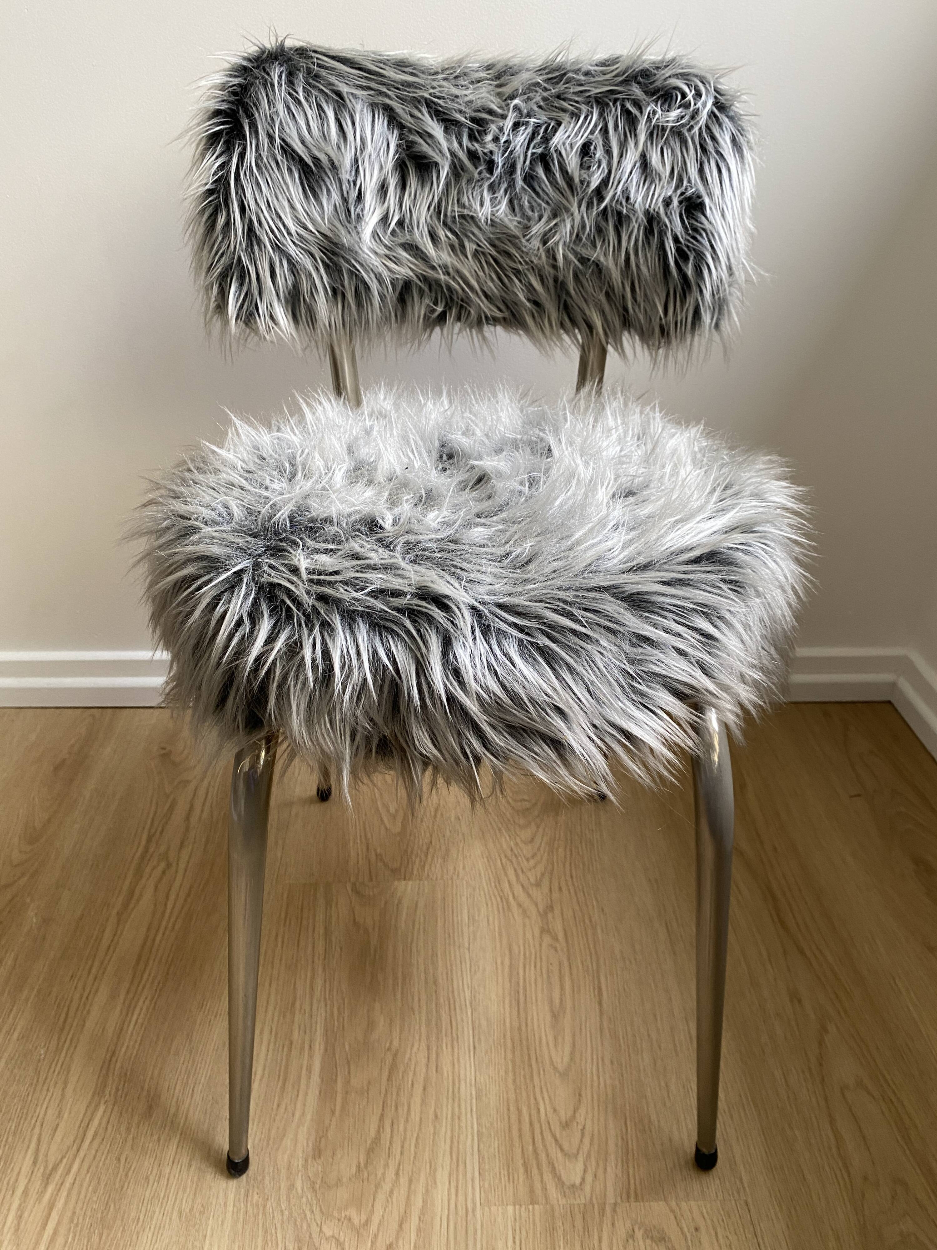 Vintage chair, gray long-haired synthetic fur