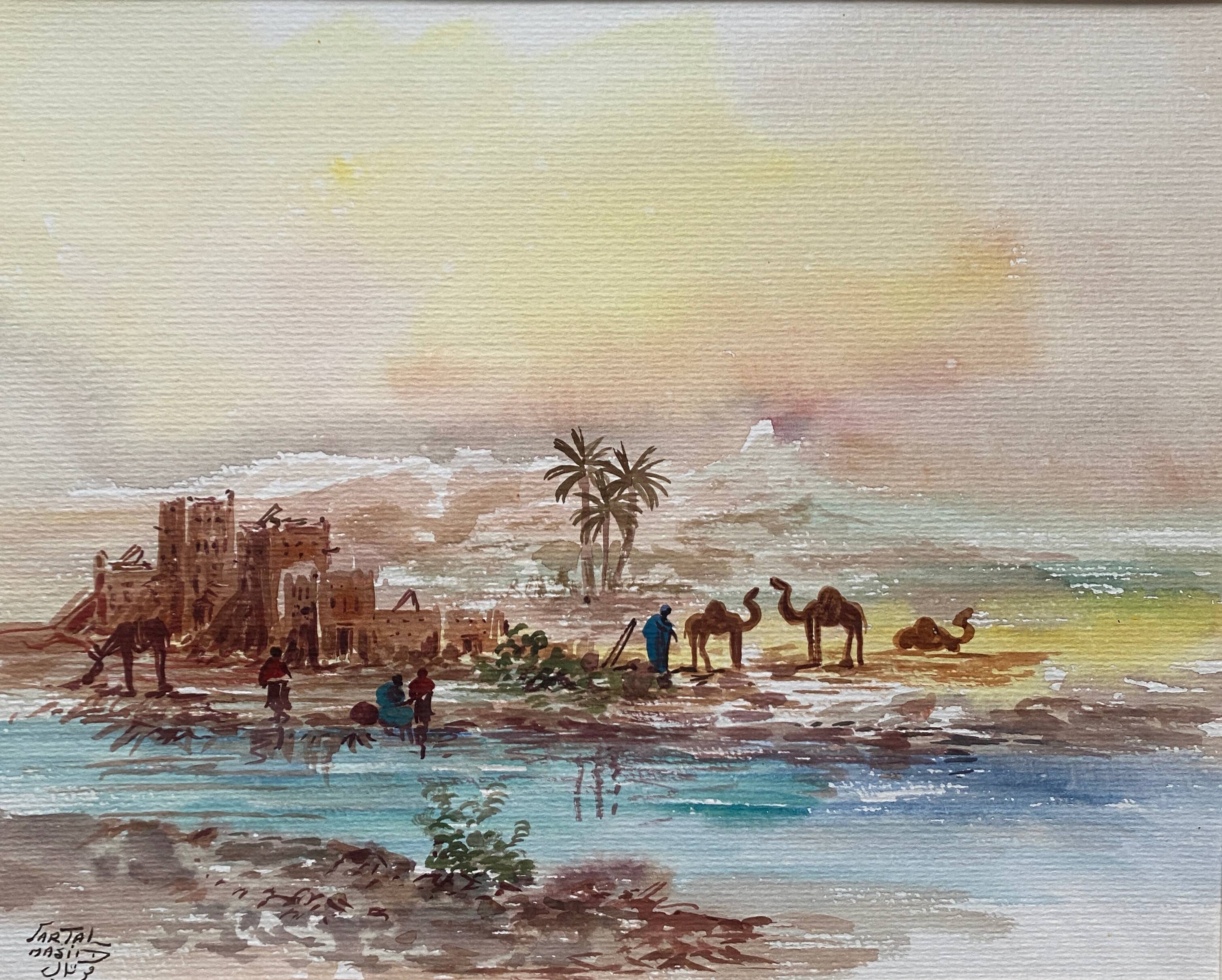 Watercolor painting "animated Orientalist landscape" B signed (to decipher) + frame