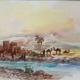 Watercolor painting "animated Orientalist landscape" B signed (to decipher) + frame