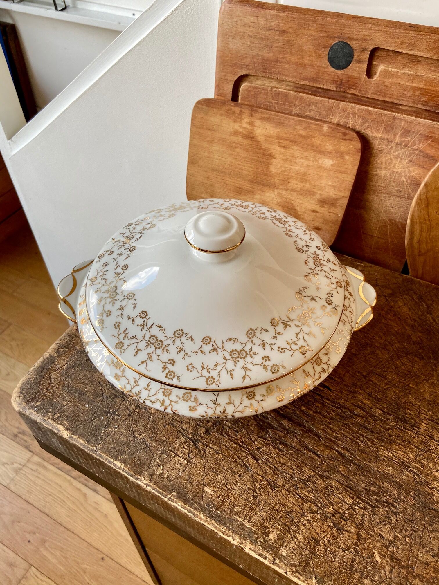 White and gold porcelain soup