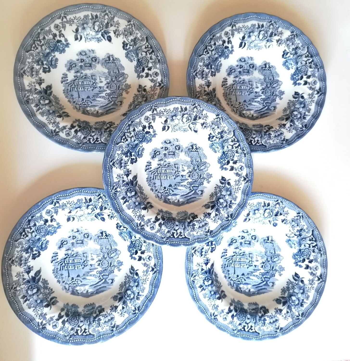 5 hollow plates blue and white churchill staffordshire England