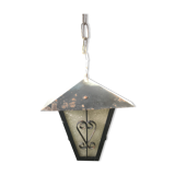 Suspension ancienne lanterne métal noir avec verre moulé années 70 vintage