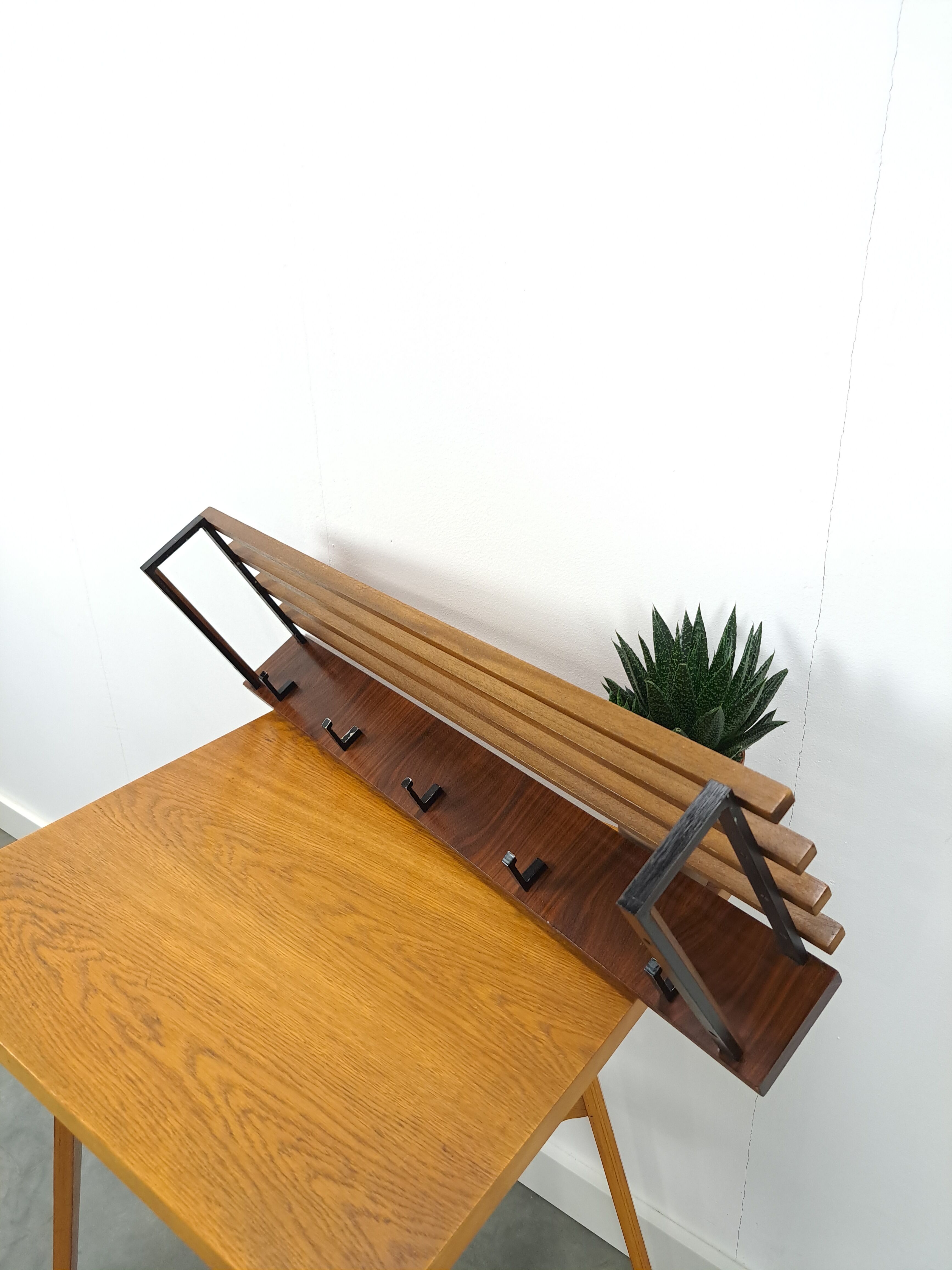 Wall coat rack with black steel and dark wood vintage