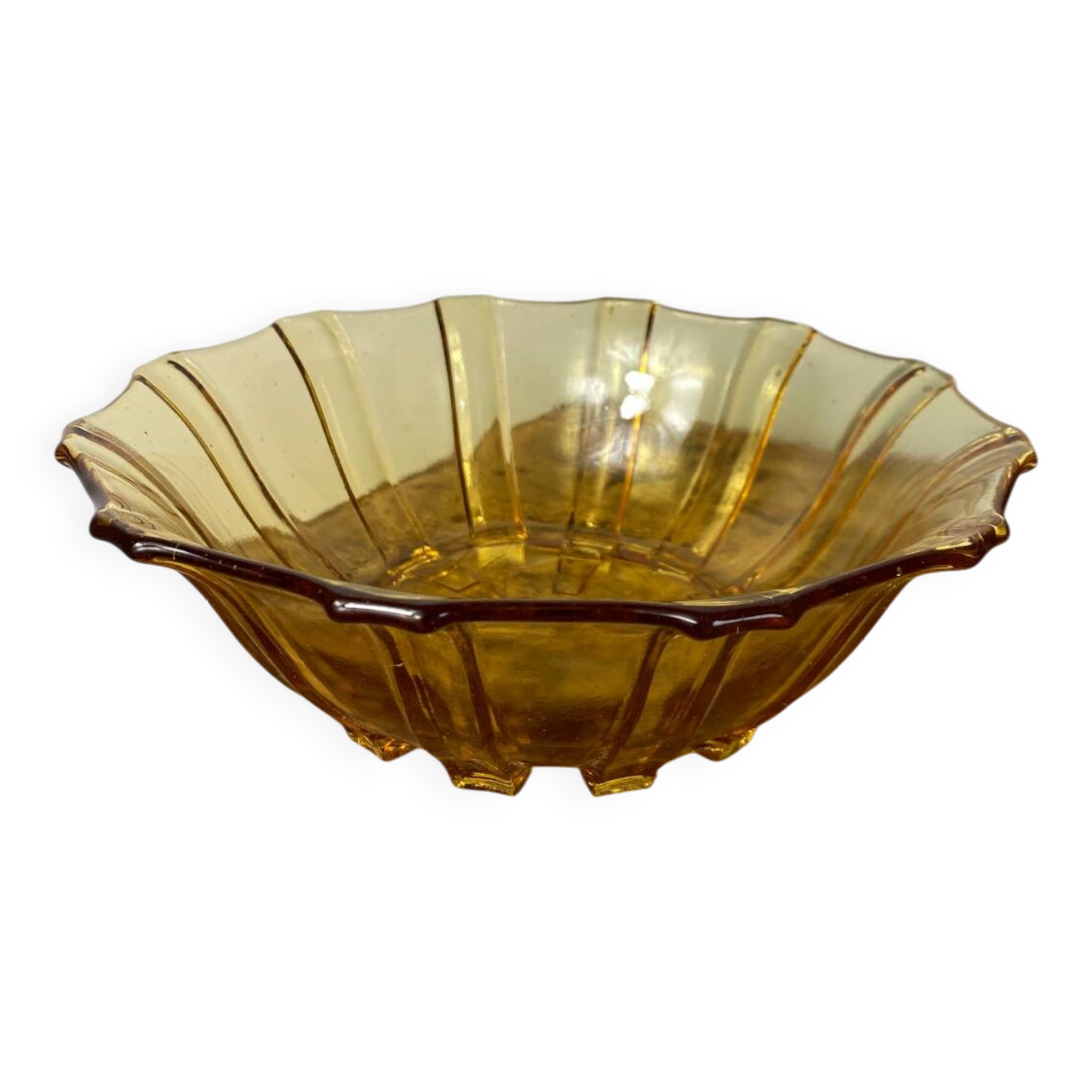Art Deco style salad bowl in amber molded glass