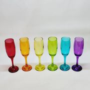 6 multicolored glass champagne flutes red orange yellow green blue purple