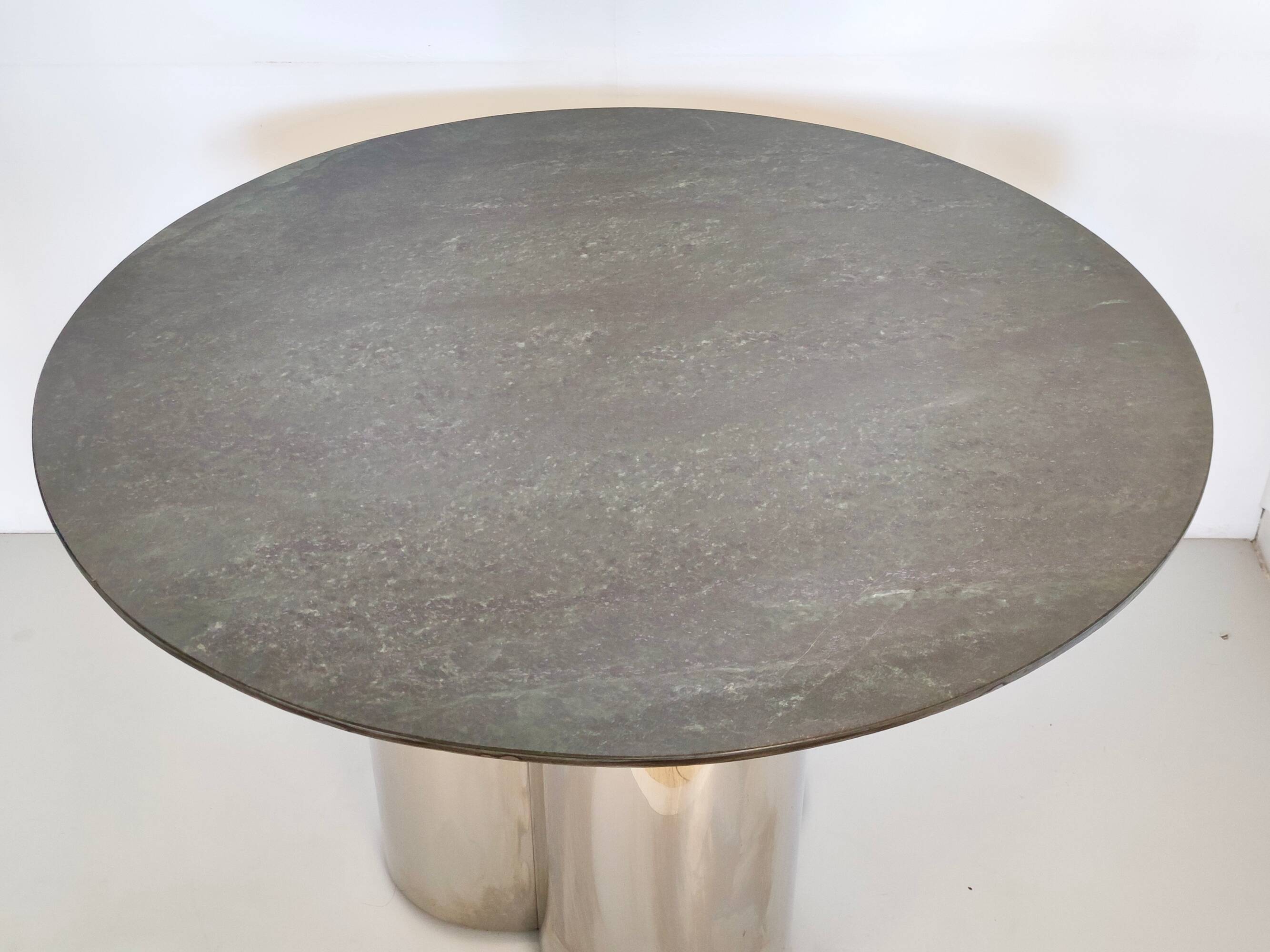 Postmodern Steel Dining Table with a Round Green Marble Top, Italy