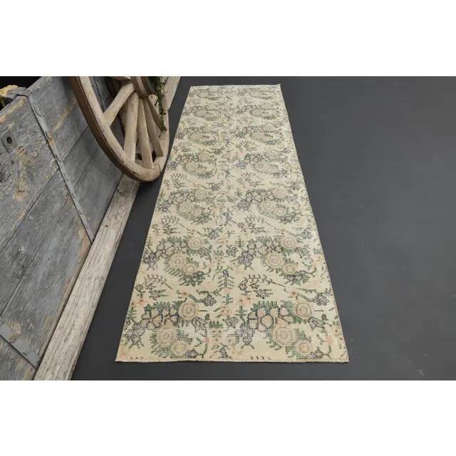 1970s Vintage Turkish Hand-Knotted Wool Cotton Tan Runner Rug 93x287