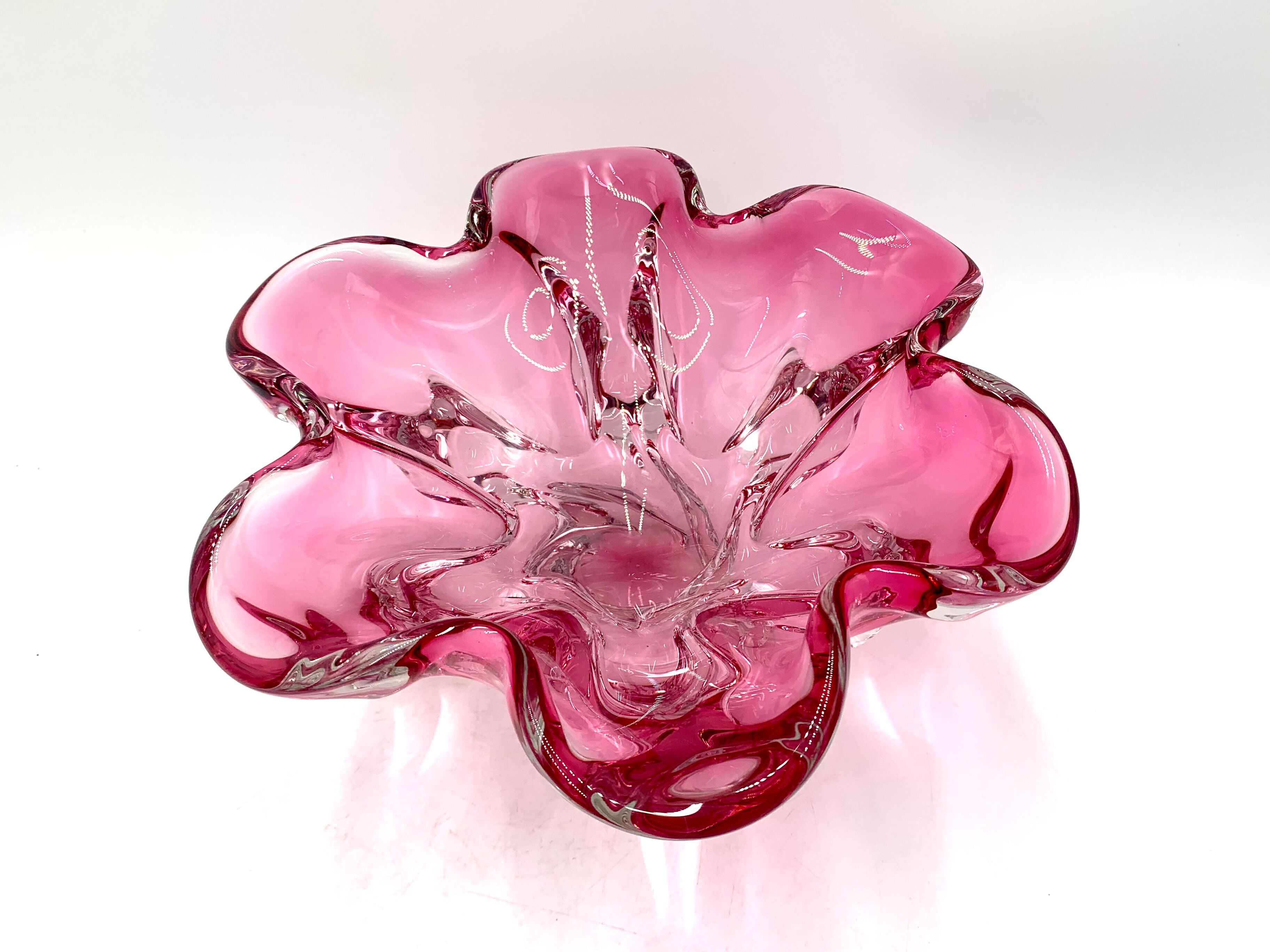 Pink bowl by J. Hospodka, Chribska Sklarna, Czechoslovakia, 1960s/70s.