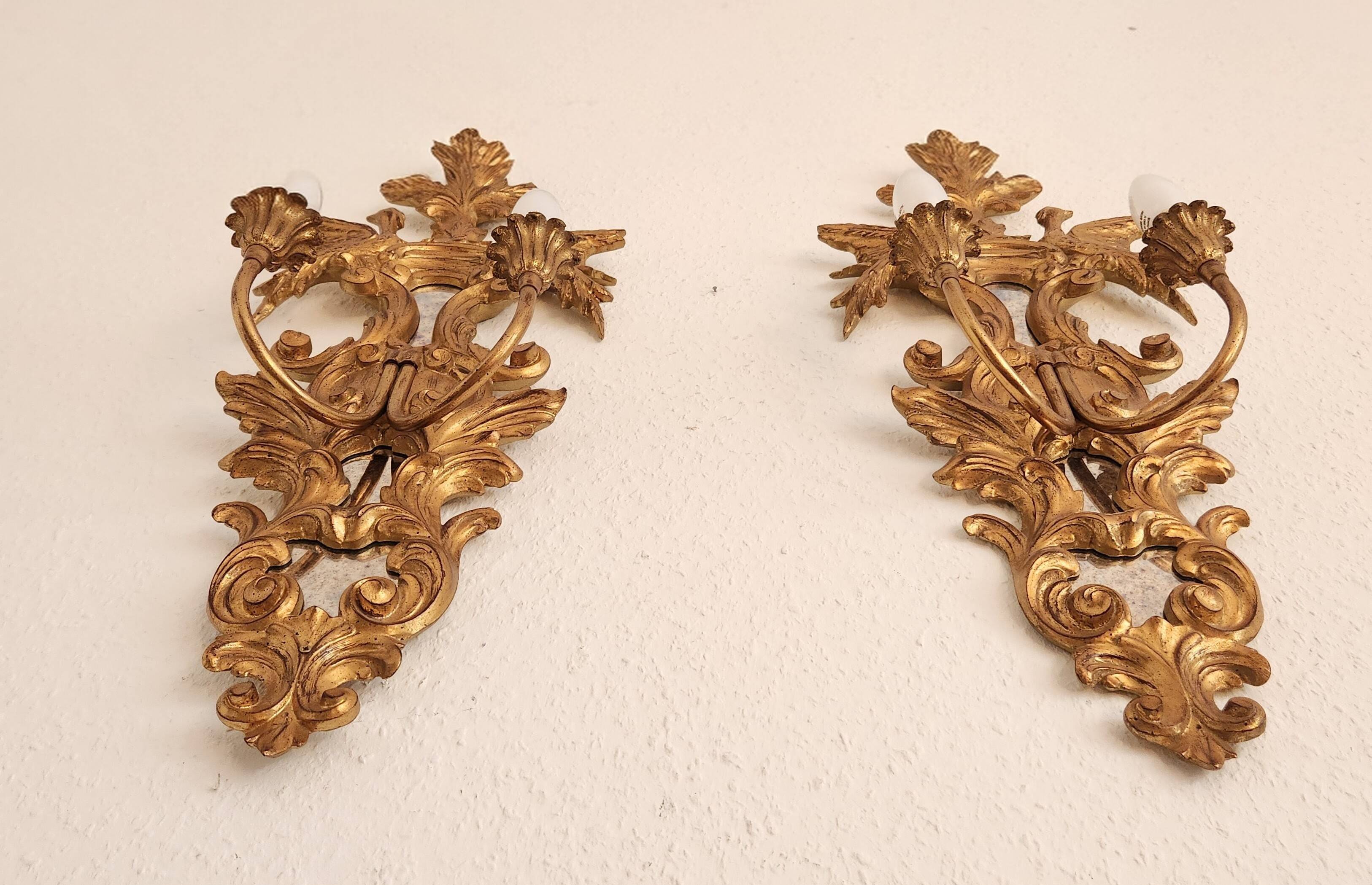 Louis XVI wall lamps Rocaille gilded carved wood antique mirror glass