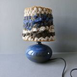 Blue stoneware lamp with wool lampshade, 70s-80s