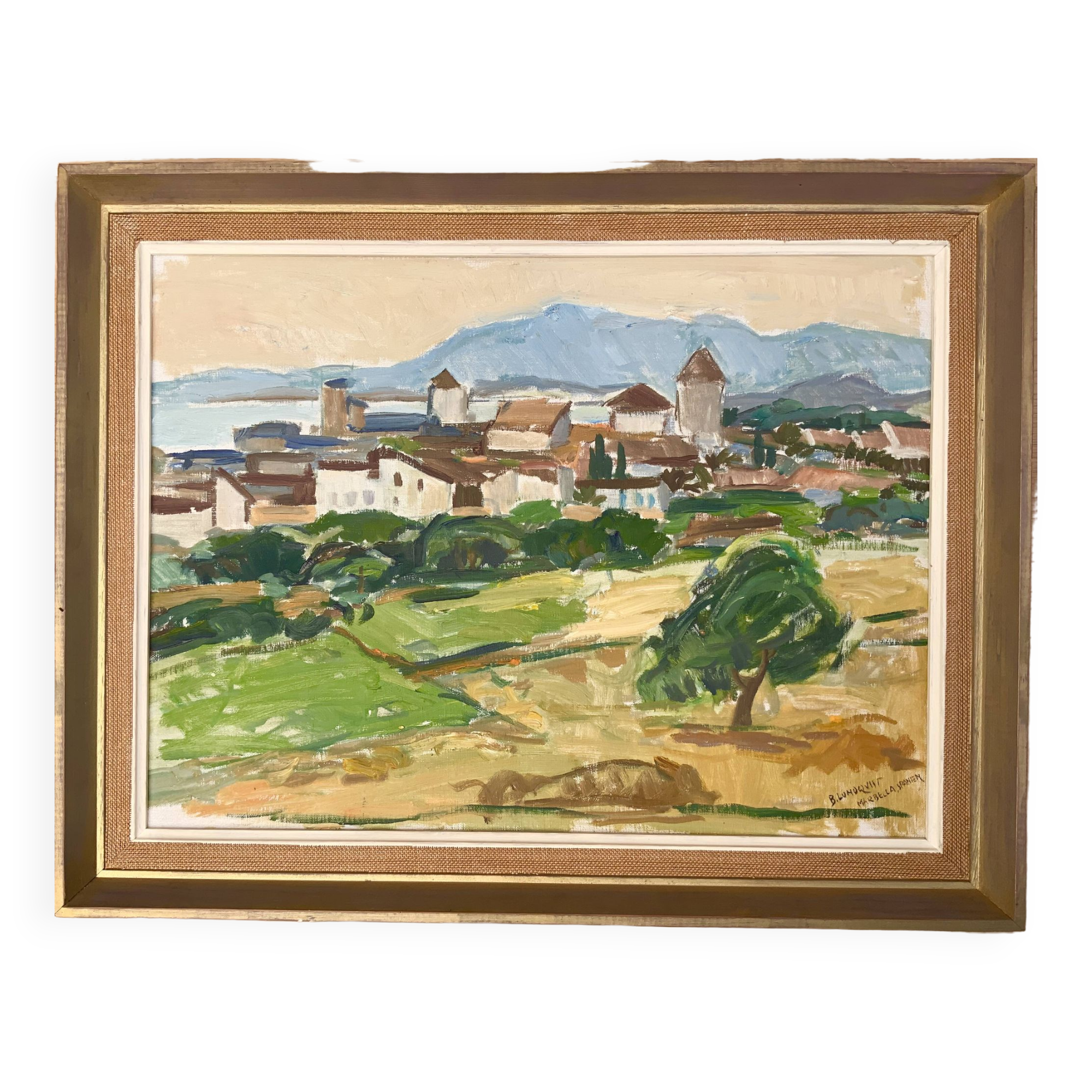 Peinture à l’huile de paysage impressionniste suédois du milieu du 20e siècle « Marbella » années 1960