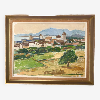 Peinture à l’huile de paysage impressionniste suédois du milieu du 20e siècle « Marbella » années 1960