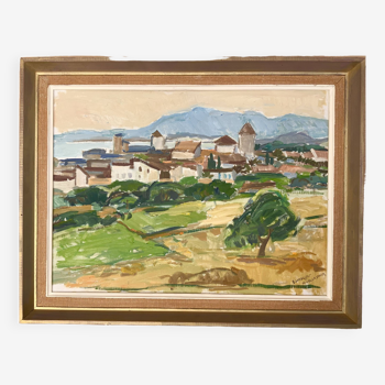 Peinture à l'huile de paysage impressionniste suédois du milieu du 20e siècle « Marbella » années 1960