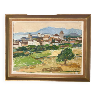 Peinture à l’huile de paysage impressionniste suédois du milieu du 20e siècle « Marbella » années 1960