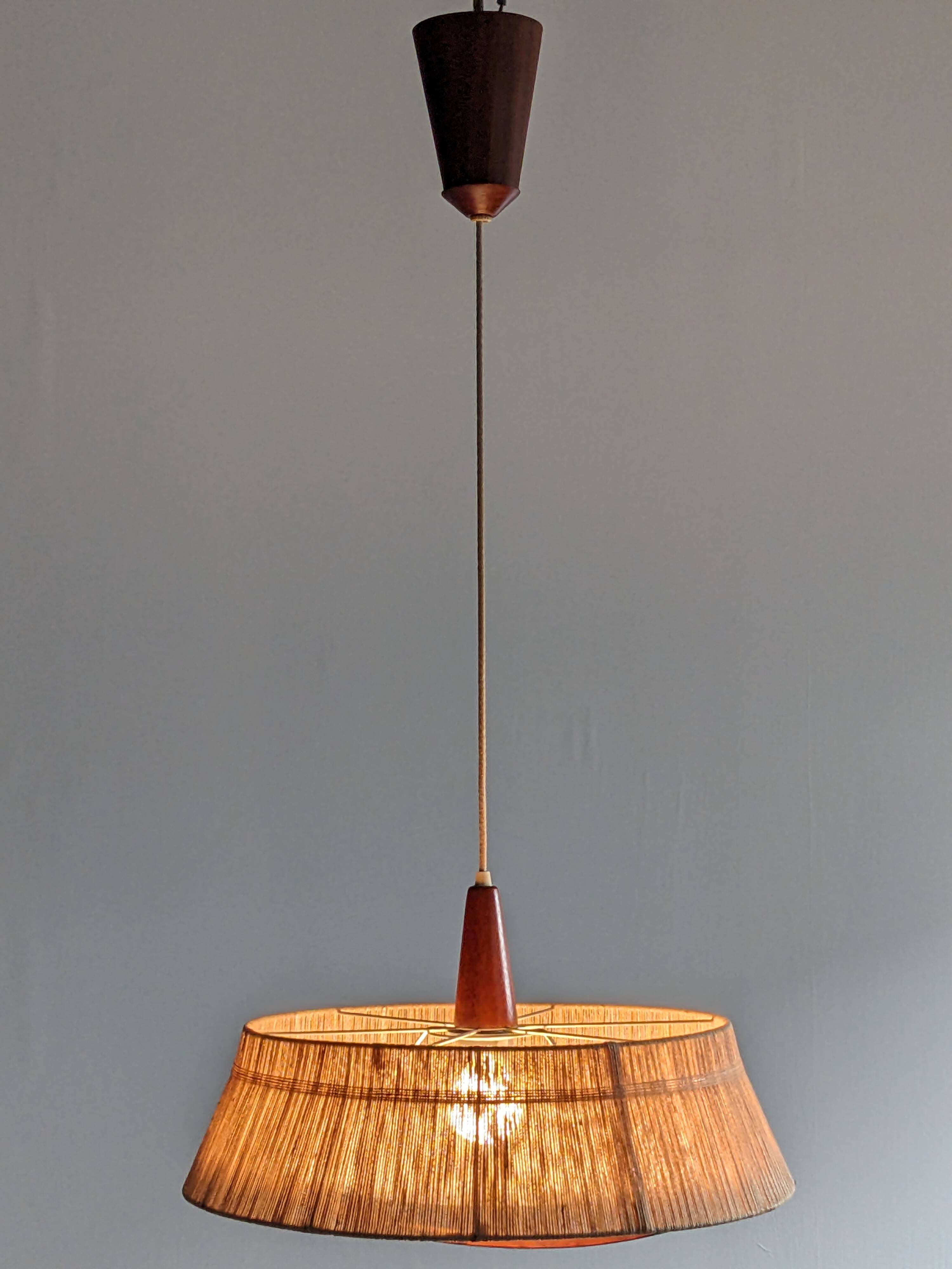 Teak and sisal pendant light from the 50s/60s by Temde Leuchten