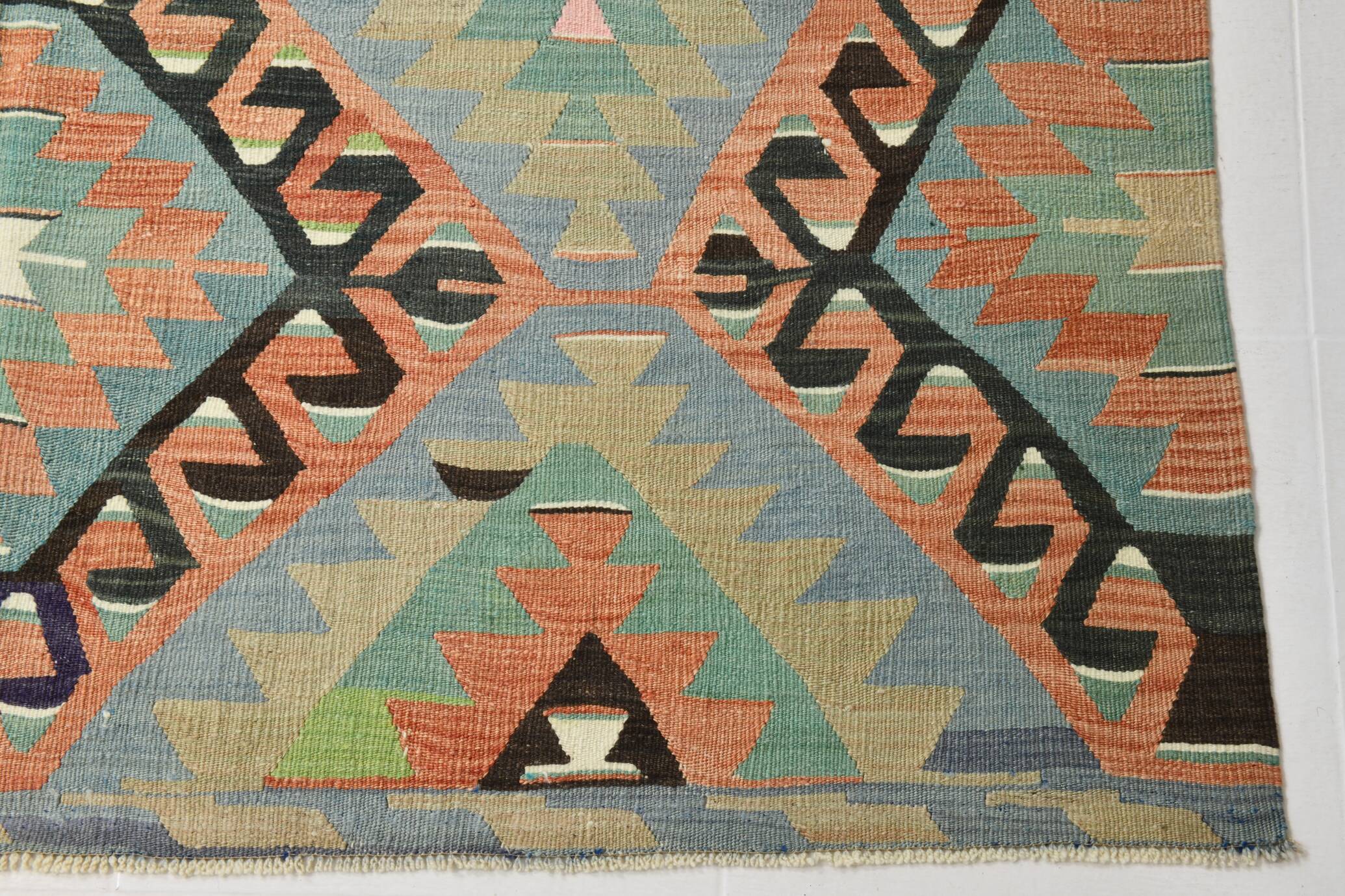 6x10 Light Blue & Green Goemetric Kilim Rug, Handmade Wool Bedroom Carpet
