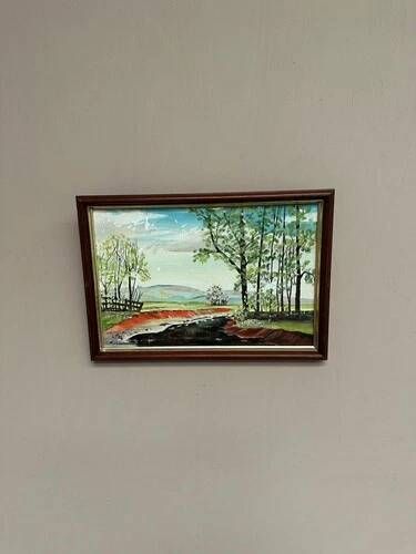 Mid-Century Oil on Panel “Water Canal” by He 84, Signed & Framed 33x23 cm