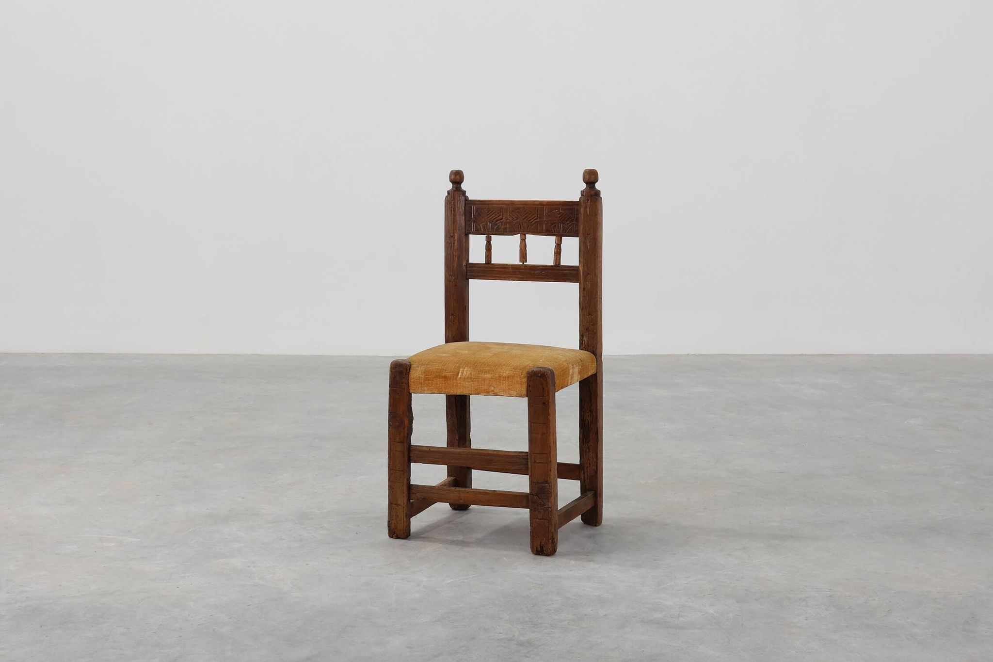 19th Century Spanish Hand-Carved oak Side Chair with Velour Seat