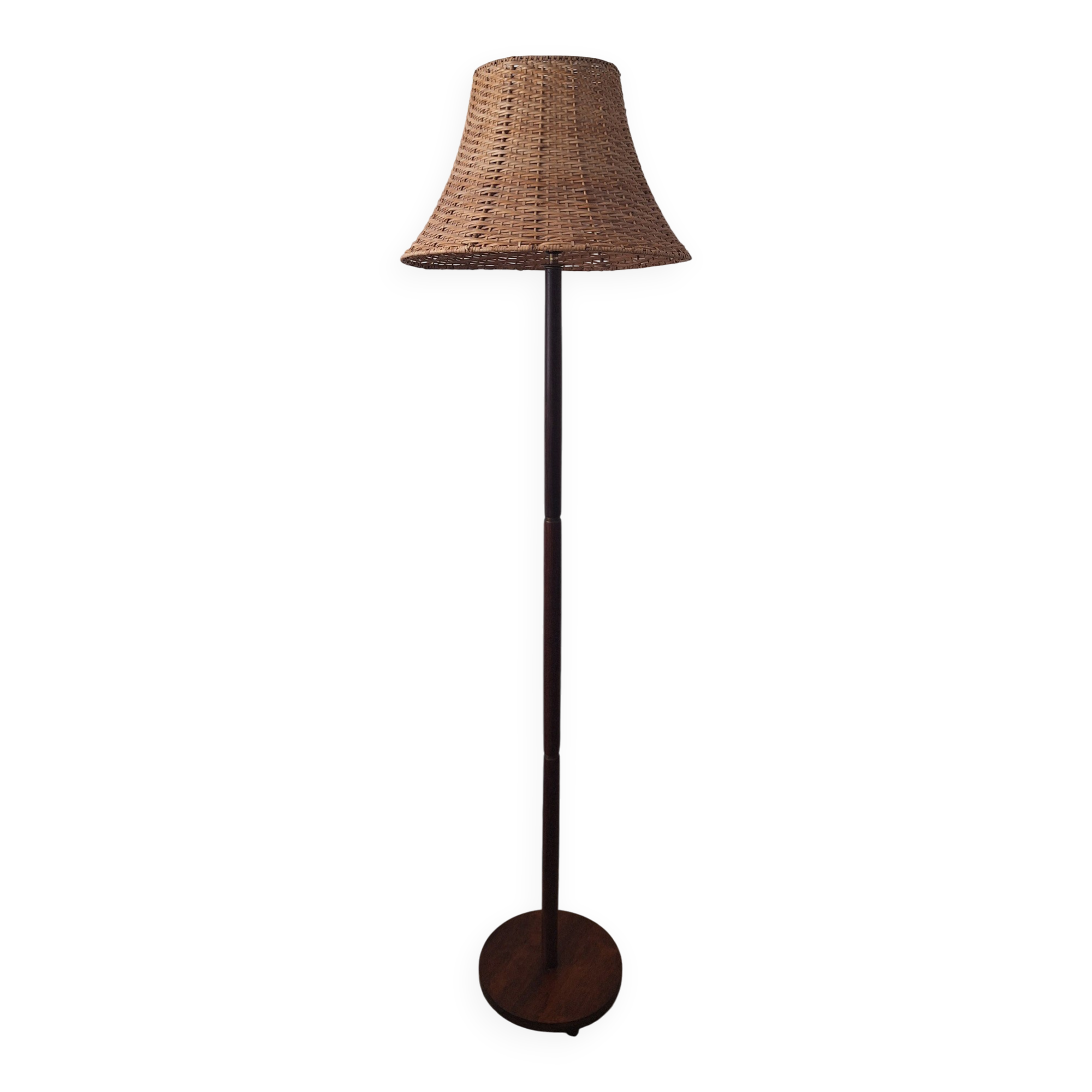 Rosewood mid century floor lamp with rattan shade, Sweden 1960s