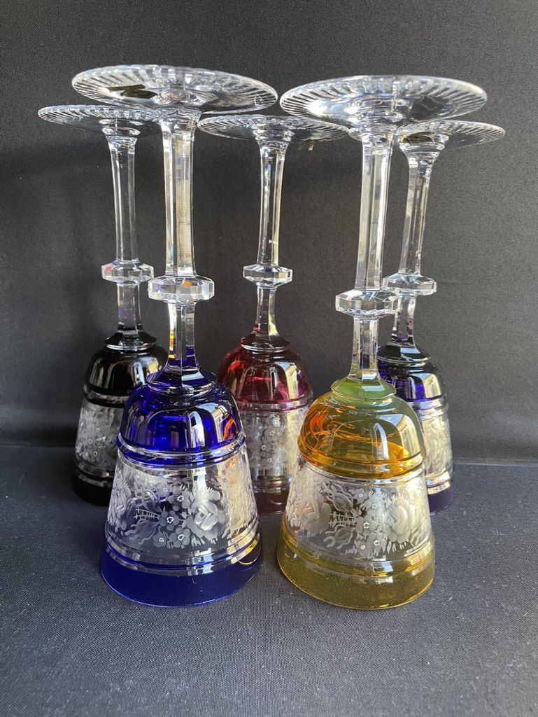 Josephinenhütte - red wine glasses (5) - Art Nouveau - Cut and engraved Crystal Roemer