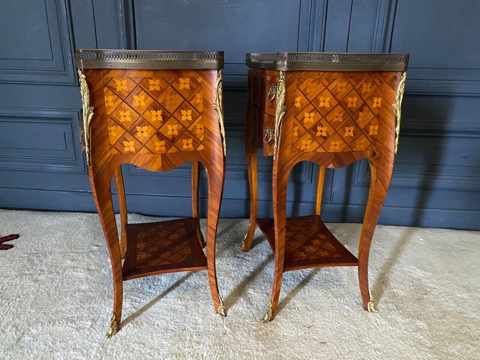 Pair of bedside tables Louis XV style marquetry with shamrocks and XXth bronze