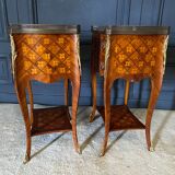 Pair of bedside tables Louis XV style marquetry with shamrocks and XXth bronze