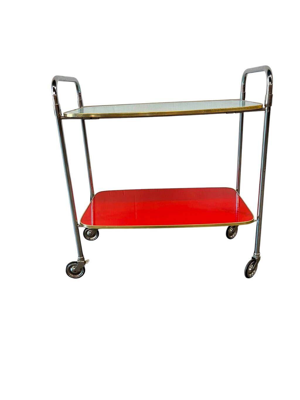 Vintage red mint and blue rolling table/bar cart/tea cart.