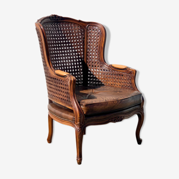 Rattan Armchair with Brown Leather Seat