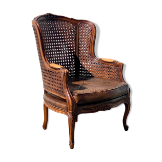 Rattan Armchair with Brown Leather Seat