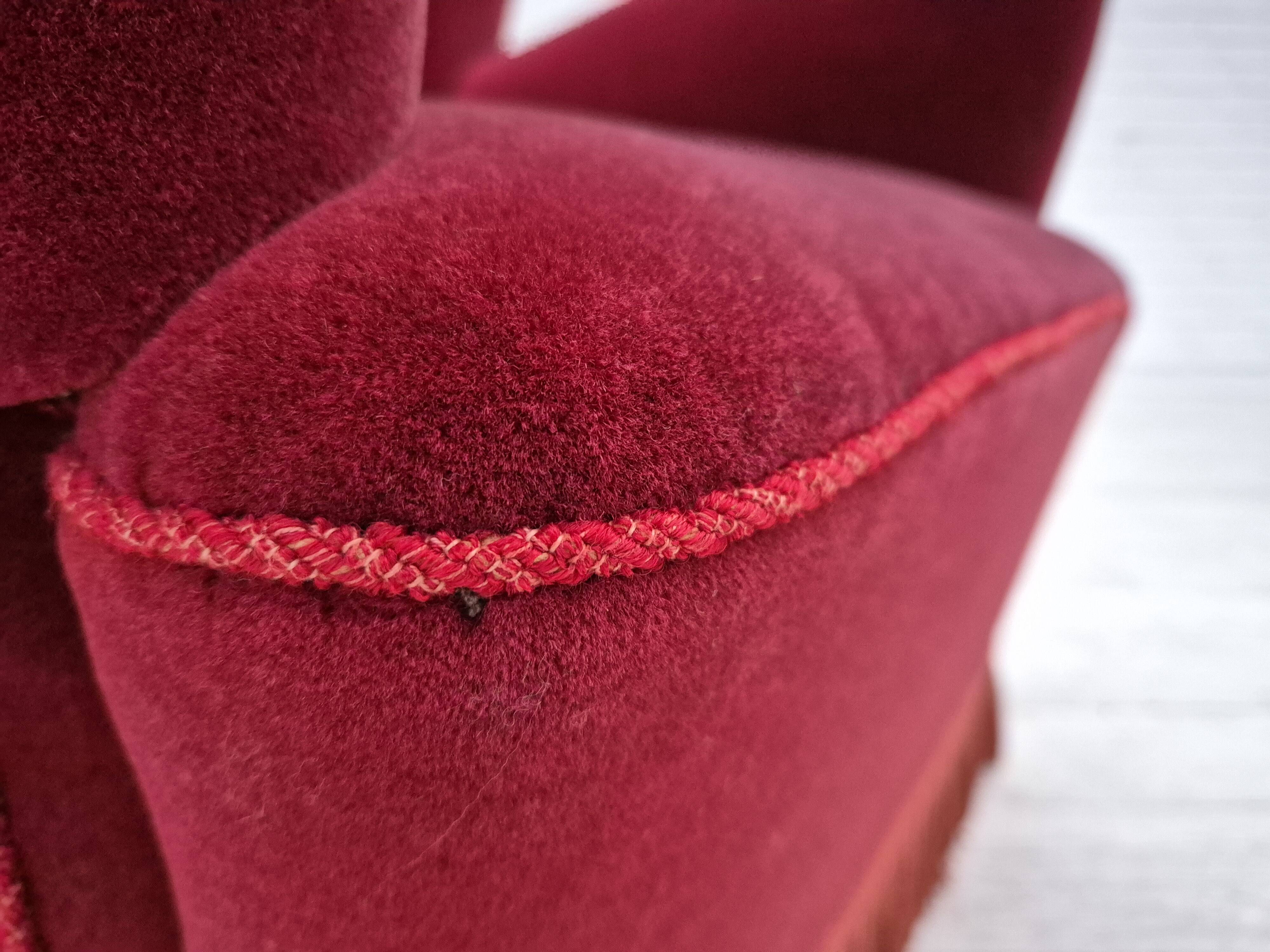 1960s, Danish armchair, original condition, cherry-red furniture velour.