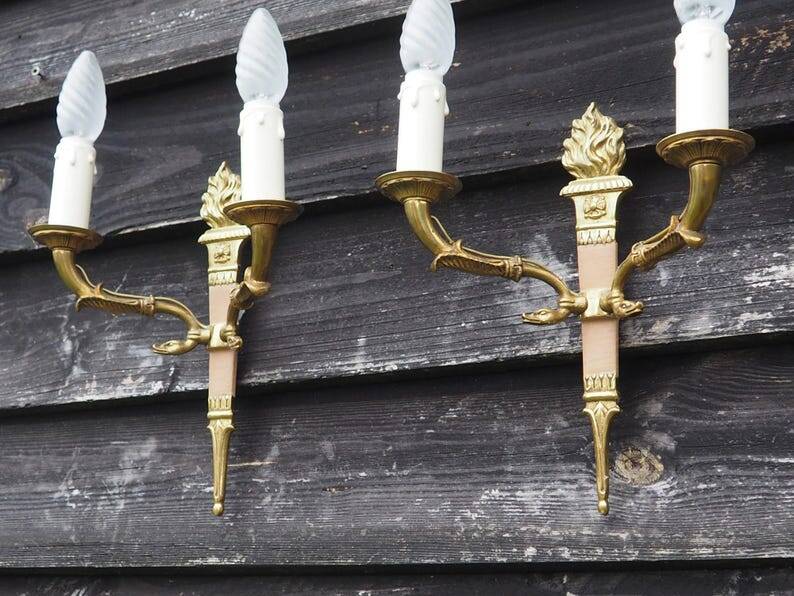 Vintage French Empire Sconces: Gilt Bronze, Salmon Column Double Arm Light