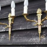 Vintage French Empire Sconces: Gilt Bronze, Salmon Column Double Arm Light