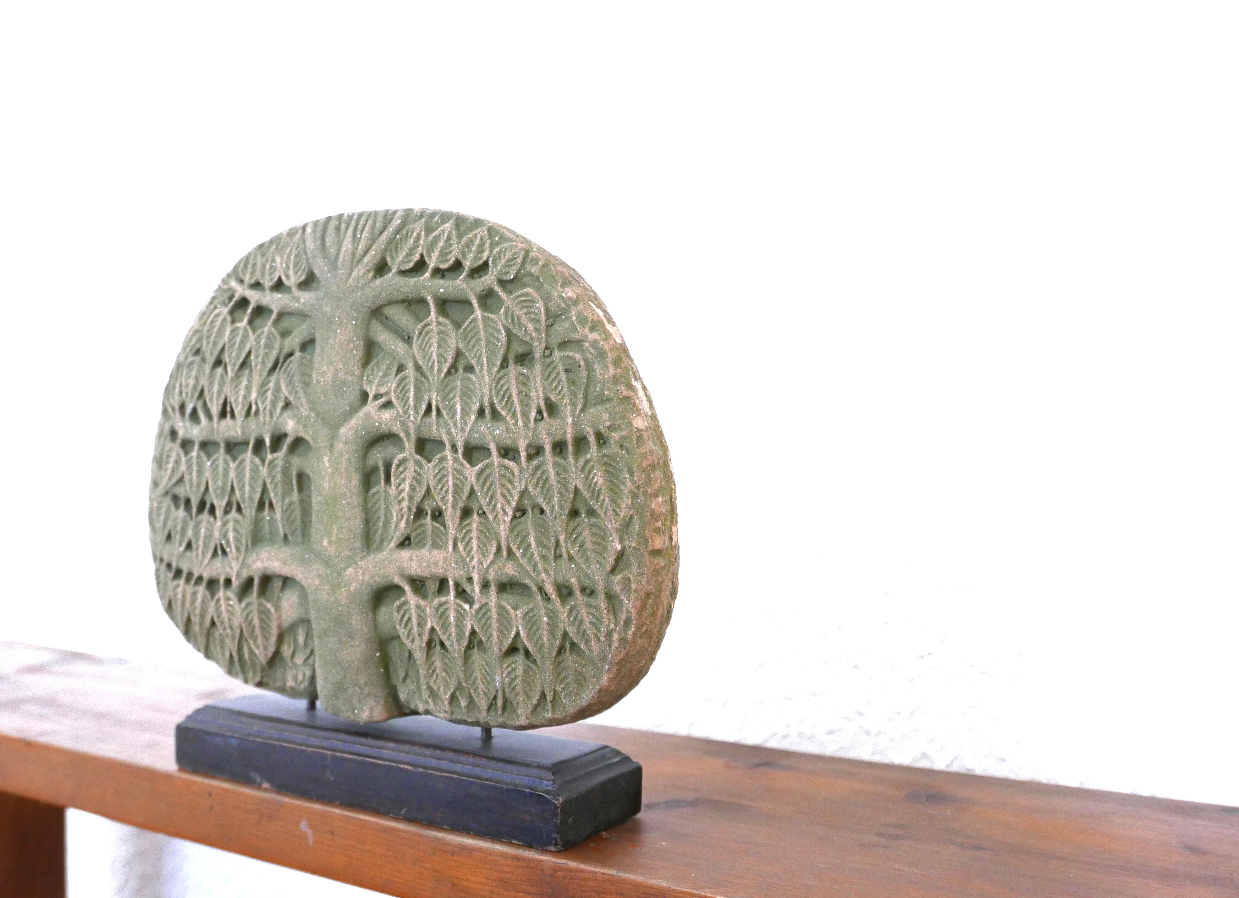 Stone tree sculpture, wooden base, 70s