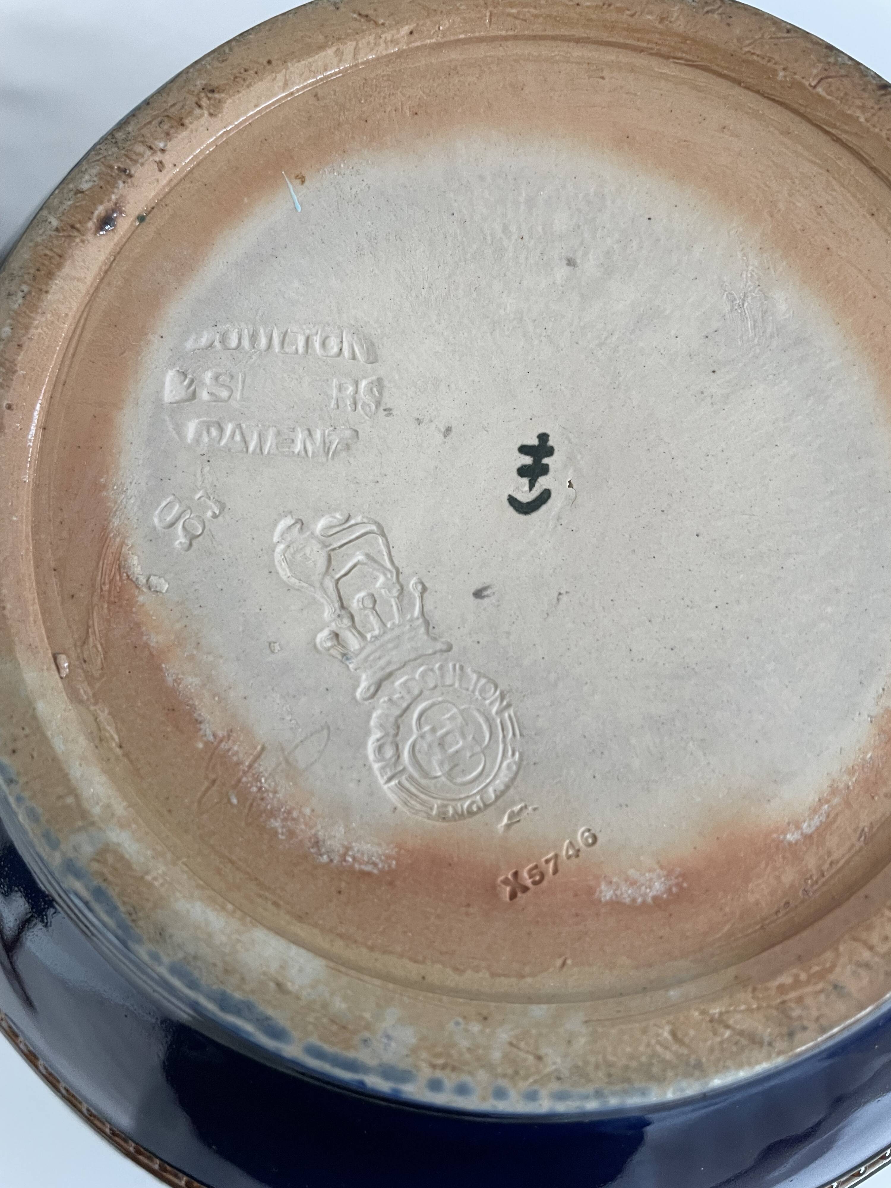 Pair, cache pots, royal doulton, english earthenware, 1920-1930, floral decoration, blue and gold, marks in