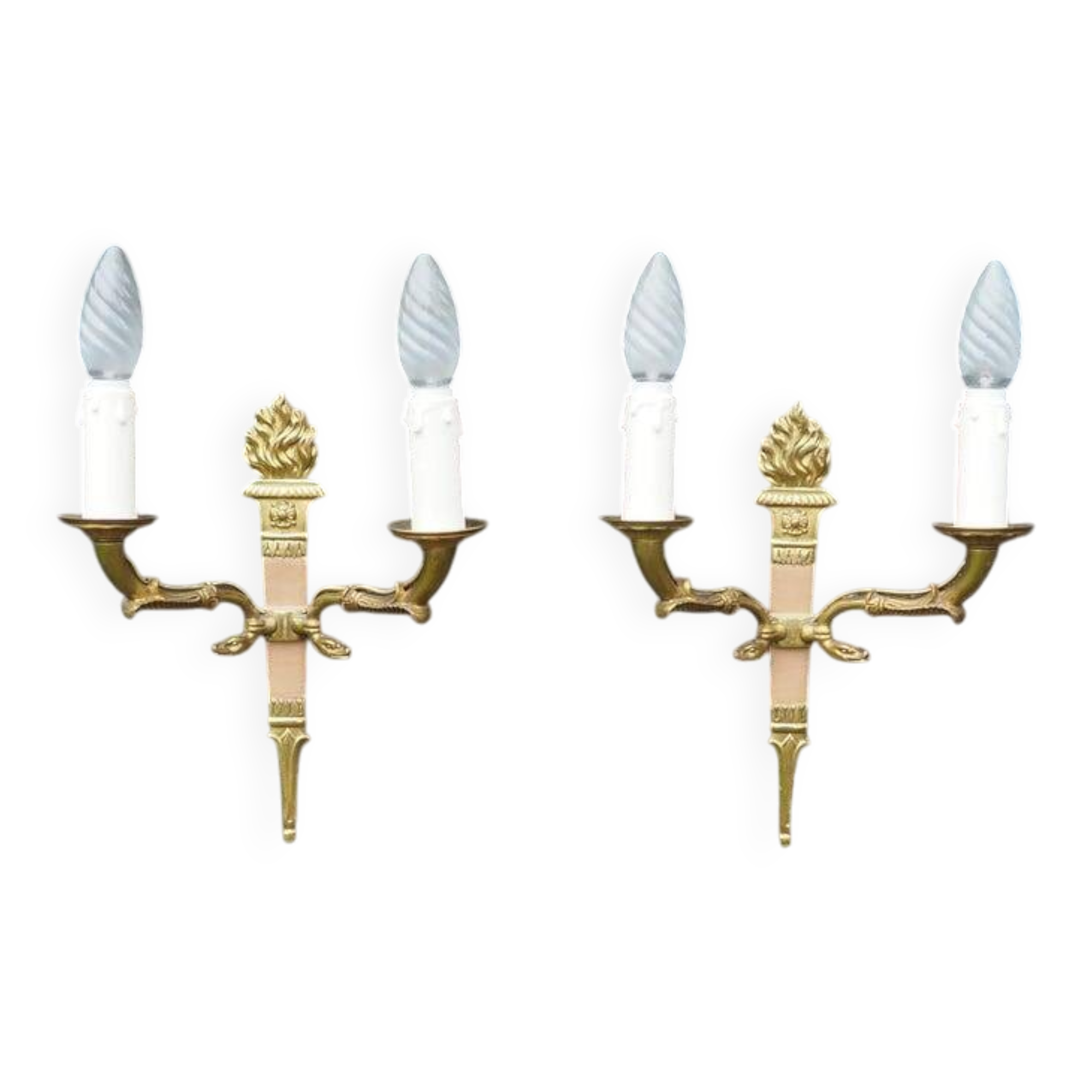 Vintage French Empire Sconces: Gilt Bronze, Salmon Column Double Arm Light