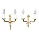 Vintage French Empire Sconces: Gilt Bronze, Salmon Column Double Arm Light