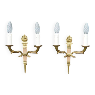 Vintage French Empire Sconces: Gilt Bronze, Salmon Column Double Arm Light