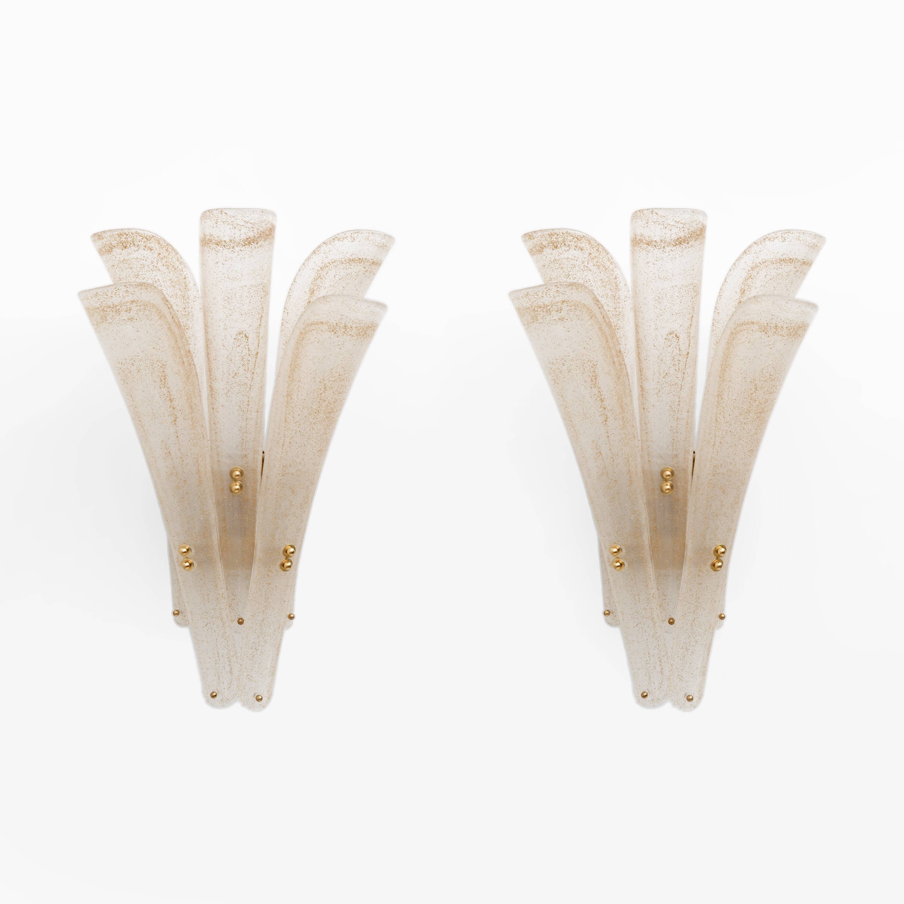 Pair of 20th Century Modern Sconces in Frosted Murano glass and Gold Leaf