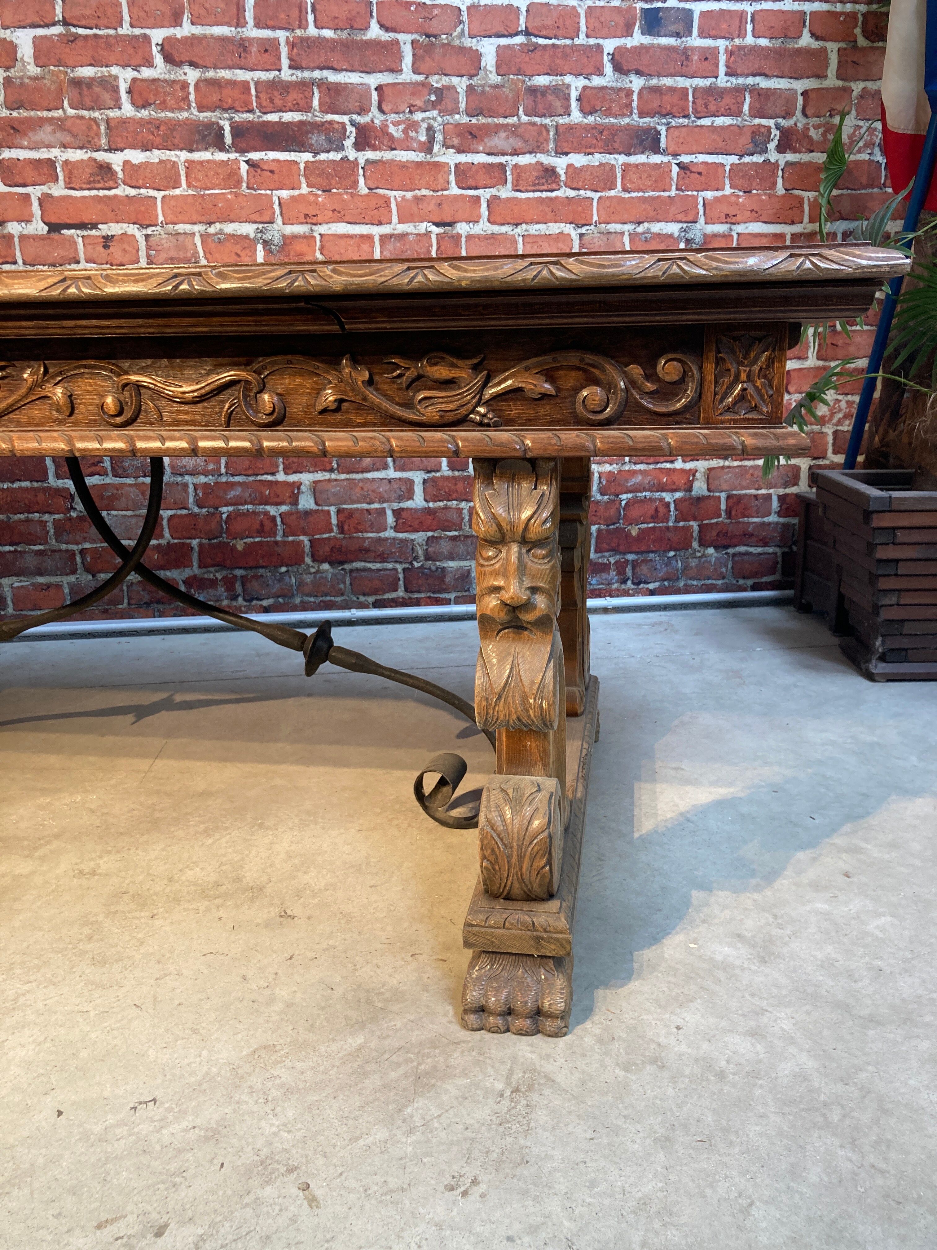 Large carved solid wood table, Spanish neo renaissance style